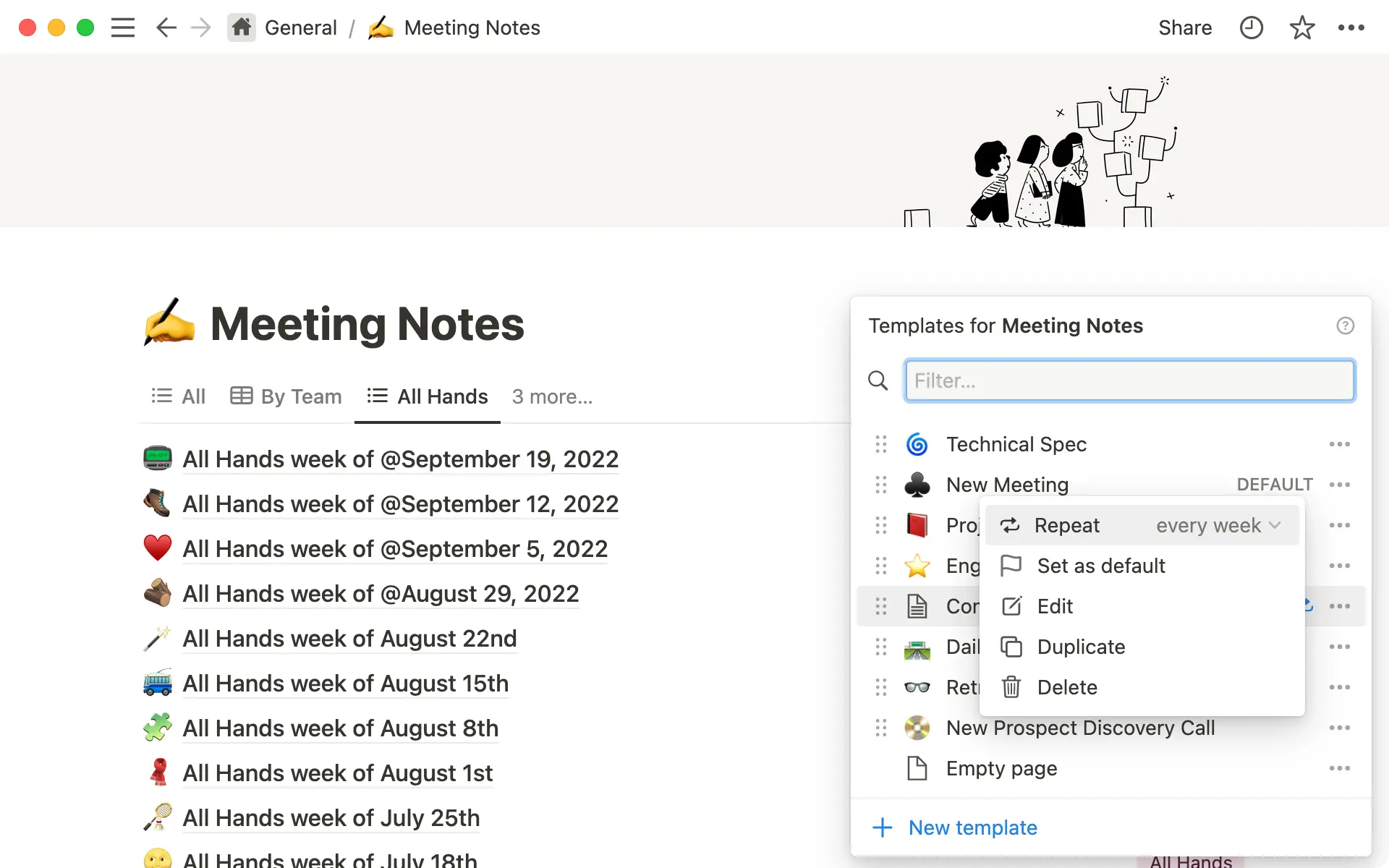 Set up repeating templates in the templates menu of any database.